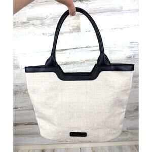 Rachel Zoe Womens Tan Capri Linen Canvas Tote Black Leather Handle Bag NEW